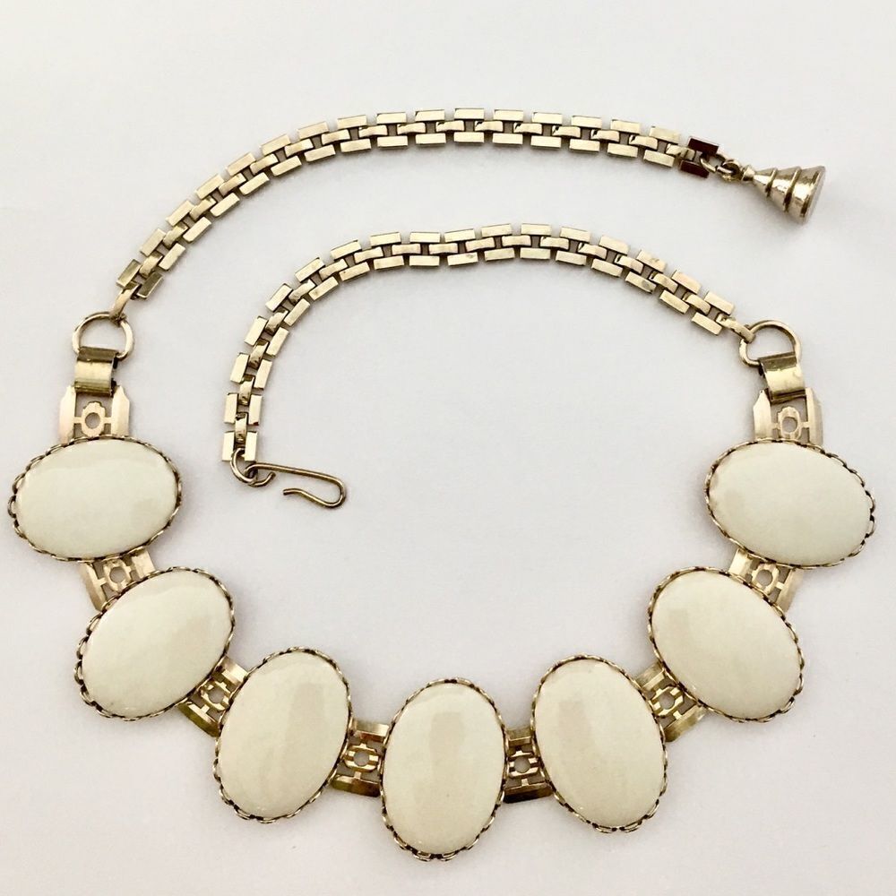 Vintage Collar Oval Off white Cabochons Bezel Setting Necklace 1033